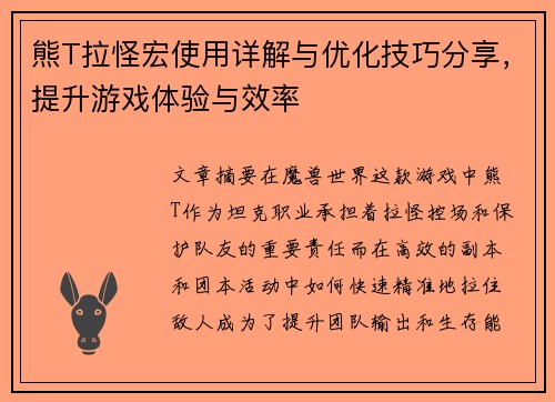 熊T拉怪宏使用详解与优化技巧分享，提升游戏体验与效率